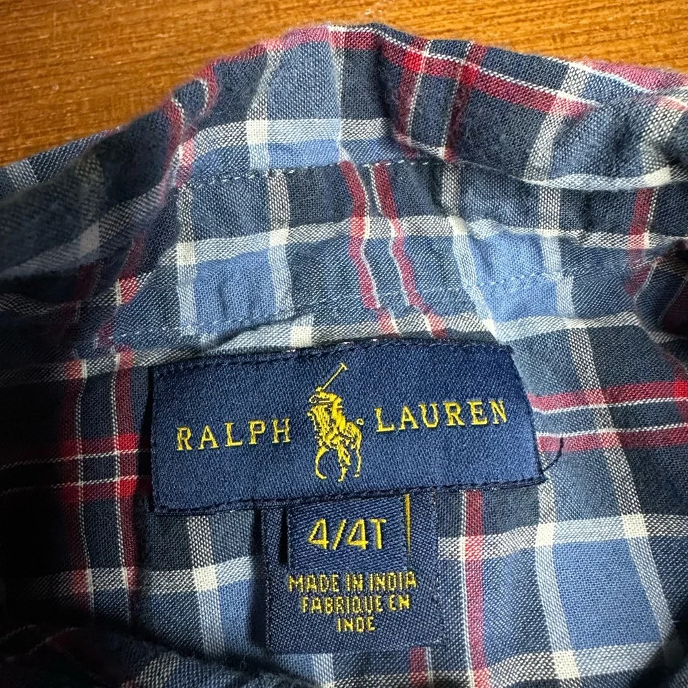 Ralph Lauren 4T blue‎ red plaid short sleeve button up shirt 100% Cotton